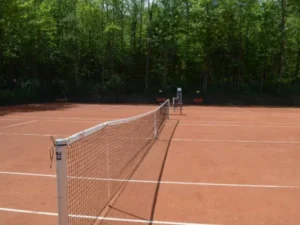 Widok na środkową część kortu tenisowego z siatką