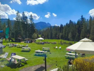 Stoliki i leżaki na trawie z widokiem na Giewont w Gugu Bistro Bar