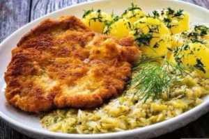 Kotlet panierowany z ziemniakami i kapustą zasmażanąna talerzu