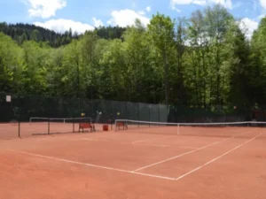 Kort tenisowy na terenie COS Zakopane otoczony drzewami