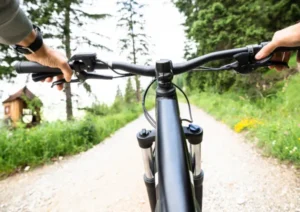 Widok zza kierownicy roweru elektrycznego na leśnej ścieżce