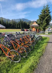 Pomarańczowe rowery elektryczne e-bike na prywatnym parkingu z widokiem na góry w Dolinie Chochołowskiej