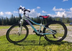Rower dziecięcy MTB dopasowany do wzrostu najmłodszych na prywatnym parkingu u Magdy